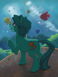 Size: 1000x1333 | Tagged: safe, artist:lelunae, imported from derpibooru, angel (g1), earth pony, fish, pony, aquarium, bubble, colored pupils, female, g1, g1 angelbetes, g1 to g4, g4, generation leap, glass, lidded eyes, looking at each other, looking at someone, mare, ocean, seaweed, smiling, solo, underwater, water