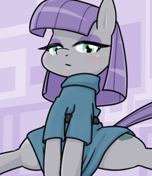 Size: 640x740 | Tagged: safe, artist:batipin, imported from derpibooru, maud pie, earth pony, pony, blushing, clothes, covering, covering crotch, female, looking at you, mare, solo