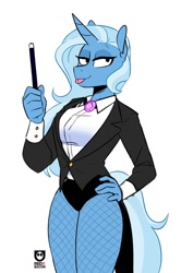 Size: 620x936 | Tagged: safe, artist:redxbacon, imported from derpibooru, trixie, anthro, unicorn, :p, black panties, black underwear, breasts, busty trixie, clothes, fishnets, legs together, leotard, lidded eyes, looking at you, magician, magician outfit, panties, raspberry, reasonably sized breasts, simple background, solo, tongue out, tuxedo, underwear, wand, white background