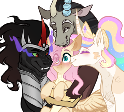 Size: 2200x2000 | Tagged: safe, artist:purplegrim40, imported from derpibooru, discord, fluttershy, king sombra, princess celestia, alicorn, draconequus, pegasus, pony, unicorn, :i, bisexual, blushing, celestibrashy, crown, cute, discoshy, eye clipping through hair, female, fluttercordlestia, flutterlestia, fluttershy gets all the mares, fluttershy gets all the stallions, holding a pony, horn, horns, hug, jewelry, lesbian, lesbian in front of boys, male, mare, polyamory, regalia, shipping, simple background, smiling, sombracordshy, sombrashy, stallion, straight, white background