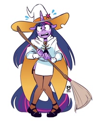 Size: 879x1081 | Tagged: safe, artist:redxbacon, imported from derpibooru, twilight sparkle, anthro, broom, clothes, flustered, hat, knees pressed together, miniskirt, side slit, simple background, skirt, solo, stockings, thigh highs, white background, witch, witch hat, zettai ryouiki