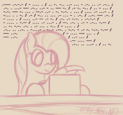 Size: 1117x1045 | Tagged: safe, artist:ahorseofcourse, imported from derpibooru, fluttershy, pegasus, pony, escii keyboard, female, mare, morse code, sketch, solo, translated in the comments, typewriter