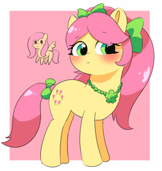 Size: 2632x2772 | Tagged: safe, artist:leo19969525, imported from derpibooru, fluttershy, earth pony, pegasus, pony, :3, adoraposey, aside glance, blushing, bow, chibi, cute, female, g5, hair bow, jewelry, looking at you, mare, necklace, ponytail, posey bloom, smiling, tail, tail bow