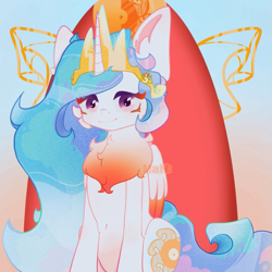 Size: 1133x1133 | Tagged: safe, artist:man;, imported from derpibooru, princess celestia, alicorn, pony, chest fluff, colored chest fluff, colored pinnae, crown, cute, cute face, ear fluff, female, fluffy, gradient background, jewelry, looking at you, mare, missing accessory, regalia, sitting, smiling, smiling at you, solo, wings