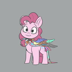 Size: 768x768 | Tagged: safe, artist:smirk, imported from derpibooru, pinkie pie, earth pony, pony, fanfic:cupcakes, clothes, collar, creepypasta, cute, cutie mark dress, dress, full body, gray background, horn, horns, implied death, necklace, severed horn, simple background, solo, wings