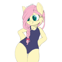 Size: 1080x1080 | Tagged: safe, artist:fajnyziomal, imported from derpibooru, fluttershy, anthro, pegasus, semi-anthro, alternate hairstyle, bipedal, braid, cheek fluff, chest fluff, clothes, commission, cute, ear fluff, female, furry, mare, one-piece swimsuit, ponytail, shyabetes, solo, swimsuit, ych example, your character here