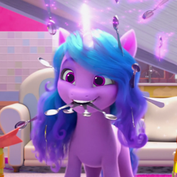 Size: 800x800 | Tagged: safe, imported from derpibooru, screencap, izzy moonbow, pony, unicorn, spoiler:my little pony: make your mark, couch, cropped, crystal brighthouse, cute, female, g5, glowing, glowing horn, horn, izzybetes, levitation, magic, mare, my little pony: make your mark, my little pony: make your mark chapter 1, open mouth, smiling, solo, spoon, telekinesis