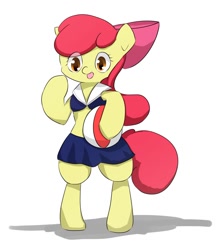 Size: 1060x1213 | Tagged: safe, artist:up_p_ab, imported from derpibooru, apple bloom, earth pony, pony, beach ball, bipedal, clothes, female, filly, foal, simple background, white background