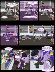 Size: 1042x1358 | Tagged: safe, artist:dendoctor, imported from derpibooru, doctor whooves, mean twilight sparkle, time turner, twilight sparkle, alicorn, pegasus, pony, comic:clone.., alternate universe, bits, book, bookshelf, bookstore, clone, comic, discord whooves, discorded whooves, female, glowing, hat, hitman, magic, male, note, scroll, telekinesis, twilight sparkle (alicorn)