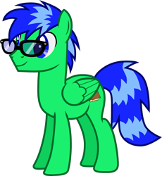 Size: 1157x1259 | Tagged: safe, artist:eclipsethings, imported from derpibooru, oc, oc only, oc:doc anubis, pegasus, pony, closed mouth, folded wings, full body, glasses, hooves, male, pegasus oc, show accurate, simple background, smiling, solo, stallion, stallion oc, standing, tail, transparent background, two toned mane, two toned tail, vector, wings