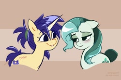 Size: 2530x1675 | Tagged: safe, artist:syrupyyy, imported from derpibooru, oc, oc only, oc:iris sparkler, oc:spring mint, earth pony, pony, unicorn, blushing, cute, duo, female, grin, lip bite, looking at each other, looking at someone, mare, markings, redesign, smiling