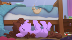 Size: 1920x1080 | Tagged: safe, artist:hydrusbeta, imported from derpibooru, oc, earth pony, mouse, pony, bed, bedroom, female, filly, foal, happy, lying down, on back, plushie, poké ball, pokémon