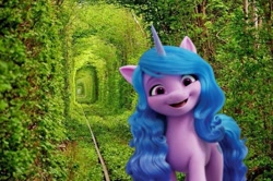 Size: 715x474 | Tagged: safe, edit, imported from derpibooru, izzy moonbow, pony, unicorn, g5, irl, photo, ponies in real life, solo, tunnel, tunnel of love (ukraine), ukraine