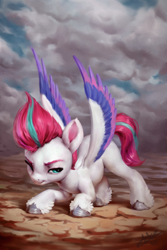 Size: 720x1080 | Tagged: safe, artist:assasinmonkey, imported from derpibooru, zipp storm, pegasus, pony, cloud, cloven hooves, colored wings, dark clouds, female, g5, landing, lidded eyes, mare, multicolored wings, signature, solo, spread wings, unshorn fetlocks, wings