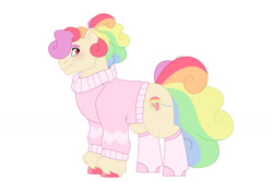 Size: 1280x854 | Tagged: safe, artist:itstechtock, imported from derpibooru, oc, oc:sweater weather, earth pony, pony, adopted offspring, clothes, female, mare, offspring, parent:diamond tiara, simple background, solo, sweater, white background