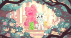 Size: 1393x750 | Tagged: safe, artist:oofycolorful, imported from derpibooru, oc, oc only, semi-anthro, bush, clothes, commission, eye clipping through hair, gummy bear, hat, sitting, smiling, solo, tree