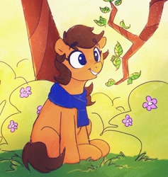 Size: 1942x2048 | Tagged: safe, artist:thefloatingtree, imported from derpibooru, oc, oc only, earth pony, pony, bush, clothes, female, flower, grass, mare, scarf, scenery, sitting, smiling, solo, tree