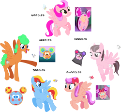 Size: 1200x1108 | Tagged: safe, artist:victorfazbear, imported from derpibooru, pegasus, pony, boodles, bow, bucktooth, disney, female, flying, g4, goofles, goofy, hair bow, helpers, male, mare, mickey mouse clubhouse, ponified, quoodles, silly, simple background, stallion, toodles, transparent background, woodles