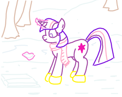 Size: 1000x800 | Tagged: safe, artist:purblehoers, imported from derpibooru, twilight sparkle, pony, unicorn, book, bookhorse, boots, clothes, magic, ms paint, scarf, shoes, simple background, smiling, snow, solo, telekinesis, tree, unicorn twilight