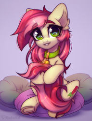 Size: 1887x2464 | Tagged: safe, artist:radioaxi, imported from derpibooru, roseluck, earth pony, pony, collar, commission, commissioner:doom9454, cute, female, hug, looking at you, mare, pet tag, pillow, pony pet, rosepet, sitting, smiling, smiling at you, solo, tail, tail hug, underhoof