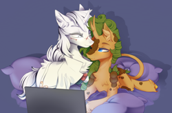 Size: 2540x1663 | Tagged: source needed, safe, artist:aeryart, imported from derpibooru, oc, oc only, oc:eldorada, oc:yiazmat, kirin, pony, unicorn, comfy, computer, couple, cushion, duo, female, hooves, horn, kikin, kirin oc, male, shipping, unicorn oc