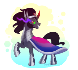 Size: 1994x1792 | Tagged: safe, artist:maybehawthorn, imported from derpibooru, king sombra, unicorn, bisexual pride flag, headcanon, icon, lgbt headcanon, looking at you, male, pose, pride, pride flag, raised hoof, sexuality headcanon, signature, simple background, smiling, solo, stallion, transparent background