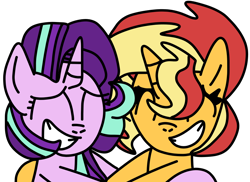 Size: 920x670 | Tagged: safe, artist:jadeharmony, imported from derpibooru, starlight glimmer, sunset shimmer, pony, unicorn, equestria girls, cute, duo, eyes closed, female, glimmerbetes, grin, hug, lesbian, mare, shimmerbetes, shimmerglimmer, shipping, simple background, smiling, transparent background