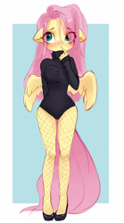 Size: 2268x4093 | Tagged: safe, artist:sofiko-ko, imported from derpibooru, fluttershy, anthro, pegasus, blushing, breasts, busty fluttershy, clothes, eye clipping through hair, eyebrows, eyebrows visible through hair, female, finger to mouth pose, fishnets, high heels, leotard, long sleeves, shoes, solo, spread wings, turtleneck, wings