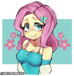 Size: 1200x1231 | Tagged: safe, artist:tablitachan5, imported from derpibooru, fluttershy, human, equestria girls, bra, bra strap, breasts, bust, busty fluttershy, butterfly hairpin, cleavage, clothes, cute, female, flower, looking at you, no nose, shyabetes, smiling, smiling at you, solo