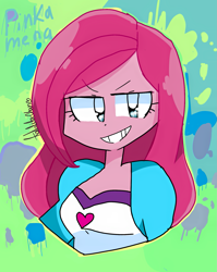 Size: 1629x2048 | Tagged: safe, artist:tablitachan5, imported from derpibooru, pinkie pie, human, equestria girls, abstract background, bust, clothes, eyelashes, female, pinkamena diane pie, signature, smiling, smirk