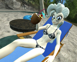 Size: 1346x1080 | Tagged: safe, artist:oatmeal!, imported from derpibooru, mayor mare, human, equestria girls, 3d, beach, beach chair, belly button, bikini, breasts, chair, clothes, coconut cup, equestria girls-ified, glasses, gmod, looking at you, lying down, sexy, solo, swimsuit, tropical