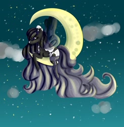 Size: 2121x2160 | Tagged: safe, alternate version, artist:dillice, imported from derpibooru, oc, oc only, pegasus, pony, crescent moon, female, mare, moon, night, pegasus oc, signature, solo, stars, tangible heavenly object, transparent moon