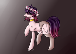Size: 2800x2000 | Tagged: safe, artist:dillice, imported from derpibooru, oc, oc only, earth pony, pony, choker, clothes, earth pony oc, female, floral head wreath, flower, gradient background, mare, panties, signature, socks, solo, underwear