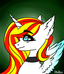 Size: 2000x2300 | Tagged: safe, artist:dillice, imported from derpibooru, oc, oc only, alicorn, pony, alicorn oc, bust, choker, ear fluff, eye clipping through hair, eyelashes, female, gradient background, horn, mare, solo, wings