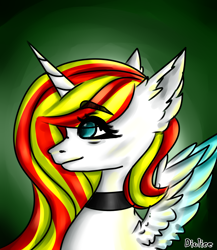 Size: 2000x2300 | Tagged: safe, alternate version, artist:dillice, imported from derpibooru, oc, oc only, alicorn, pony, alicorn oc, bust, choker, ear fluff, eye clipping through hair, eyelashes, female, gradient background, horn, mare, solo, wings