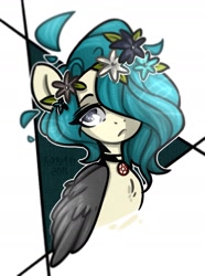 Size: 1141x1532 | Tagged: safe, artist:hennessi83, imported from derpibooru, oc, oc only, pegasus, pony, abstract background, bust, choker, female, floral head wreath, flower, frown, hair over one eye, mare, pegasus oc, pentagram, simple background, solo, white background, wings
