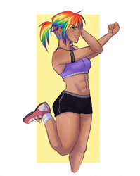 Size: 1018x1280 | Tagged: safe, artist:flasterstof, imported from derpibooru, rainbow dash, human, abs, bare shoulders, breasts, clothes, dark skin, ear piercing, earring, eye clipping through hair, female, fit, humanized, jewelry, piercing, ponytail, shorts, sleeveless, smiling, smirk, solo, sports bra, sports shoes, sports shorts, stretching