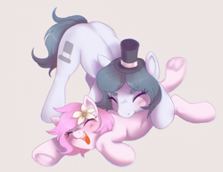 Size: 3219x2485 | Tagged: safe, artist:kotletova97, imported from ponybooru, oc, oc only, oc:hattsy, oc:kayla, earth pony, pony, female, filly, flower, flower in hair, foal, hat, mare, raspberry, shipping, tongue out