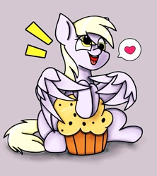 Size: 911x1024 | Tagged: safe, artist:twiliset, imported from derpibooru, derpy hooves, pegasus, pony, cute, food, happy, heart, looking at you, muffin, simple background, smiling, smiling at you, solo