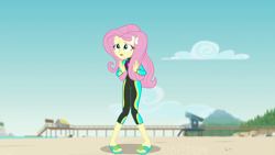 Size: 1920x1080 | Tagged: safe, imported from derpibooru, screencap, fluttershy, equestria girls, equestria girls series, forgotten friendship, clothes, female, fluttershy's wetsuit, geode of fauna, magical geodes, sandals, solo, swimsuit, wetsuit