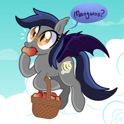 Size: 1280x1281 | Tagged: safe, artist:goreharvest, imported from derpibooru, oc, oc only, oc:echo, bat pony, pony, basket, female, food, mango, mare, one word, sky background, solo, speech bubble