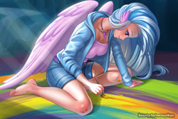 Size: 1200x800 | Tagged: safe, artist:racoonsan, imported from derpibooru, silverstream, human, barefoot, belt, clothes, feet, female, humanized, jacket, jewelry, necklace, older, older silverstream, paint, paintbrush, painting, shorts, solo, wing ears, winged humanization, wings