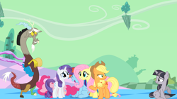 Size: 1920x1080 | Tagged: safe, artist:lcpsycho, artist:lilcinnamon, artist:onebigbarbarian, artist:porygon2z, artist:sollace, artist:wardex101, imported from derpibooru, applejack, discord, fluttershy, pinkie pie, rainbow dash, rarity, twilight sparkle, draconequus, pegasus, pony, unicorn, abuse, chaos, discorded, discorded landscape, discorded twilight, female, floating island, green sky, laughing, male, mane six, mare, scenery, twilight tragedy, twilybuse, unicorn twilight