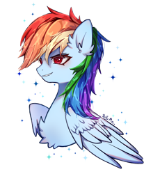 Size: 3216x3492 | Tagged: safe, artist:angelapie, imported from derpibooru, rainbow dash, pegasus, pony, chest fluff, ear fluff, female, high res, mare, simple background, smiling, solo, sparkles, white background