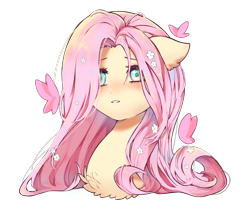 Size: 3000x2565 | Tagged: safe, artist:angelapie, imported from derpibooru, fluttershy, butterfly, pony, ambiguous facial structure, bust, chest fluff, collaboration, colored pupils, cute, ear fluff, female, floppy ears, flower, flower in hair, high res, portrait, shyabetes, simple background, solo, stray strand, three quarter view, transparent background