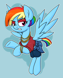 Size: 1290x1592 | Tagged: safe, artist:moonatik, imported from derpibooru, rainbow dash, valley glamour, pegasus, pony, alternate hairstyle, bracelet, clothes, eyeshadow, female, jewelry, makeup, mare, necklace, rainbow dash always dresses in style, shirt, shorts, solo, vulgar description