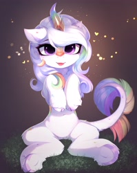 Size: 3256x4096 | Tagged: safe, artist:magnaluna, imported from derpibooru, oc, oc only, oc:cloudy canvas, kirin, belly button, cute, kirin oc, looking at you, sitting, solo, tongue out, underhoof