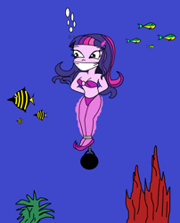 Size: 1021x1262 | Tagged: safe, artist:walnutwilly, imported from derpibooru, twilight sparkle, human, equestria girls, asphyxiation, ball and chain, bubble, cloth gag, danger, drowning, gag, humanized, peril, sinking, tied up, underwater