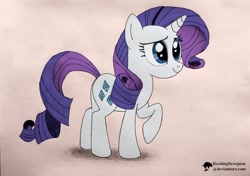 Size: 1024x722 | Tagged: safe, artist:rockingscorpion, imported from derpibooru, rarity, pony, unicorn, 2014, female, mare, raised hoof, simple background, solo