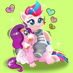 Size: 1280x1280 | Tagged: safe, artist:puyohh, imported from derpibooru, pipp petals, zipp storm, pegasus, pony, adorable face, adorapipp, adorazipp, blue eyes, blushing, clothes, cute, duo, duo female, eyebrows, fanart, female, filly, foal, g5, gray, gray sweater, green background, green eyes, hair over one eye, heart, holding, mane, mare, my little pony: a new generation, pegasister, pink coat, purple mane, red mane, royal sisters (g5), siblings, signature, simple background, sisters, sitting, smiling, sweater, tail, unshorn fetlocks, white coat, wings